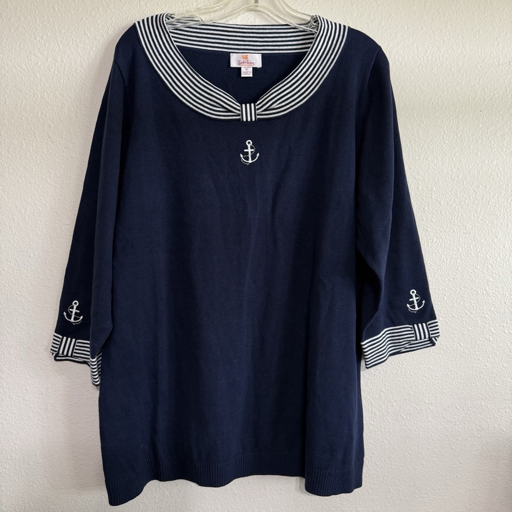 Quacker Factory Sweater Women's XL Navy Striped Collar Retro‎ Anchor Embroidery